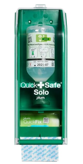 Quick Safe Solo Box inkl. 1x Plum Wound and Eyewash/500ml 0.9% Sodium Chloride/eyecup und 1x QuickFix Pflaster Water Resistant (45 Stück)