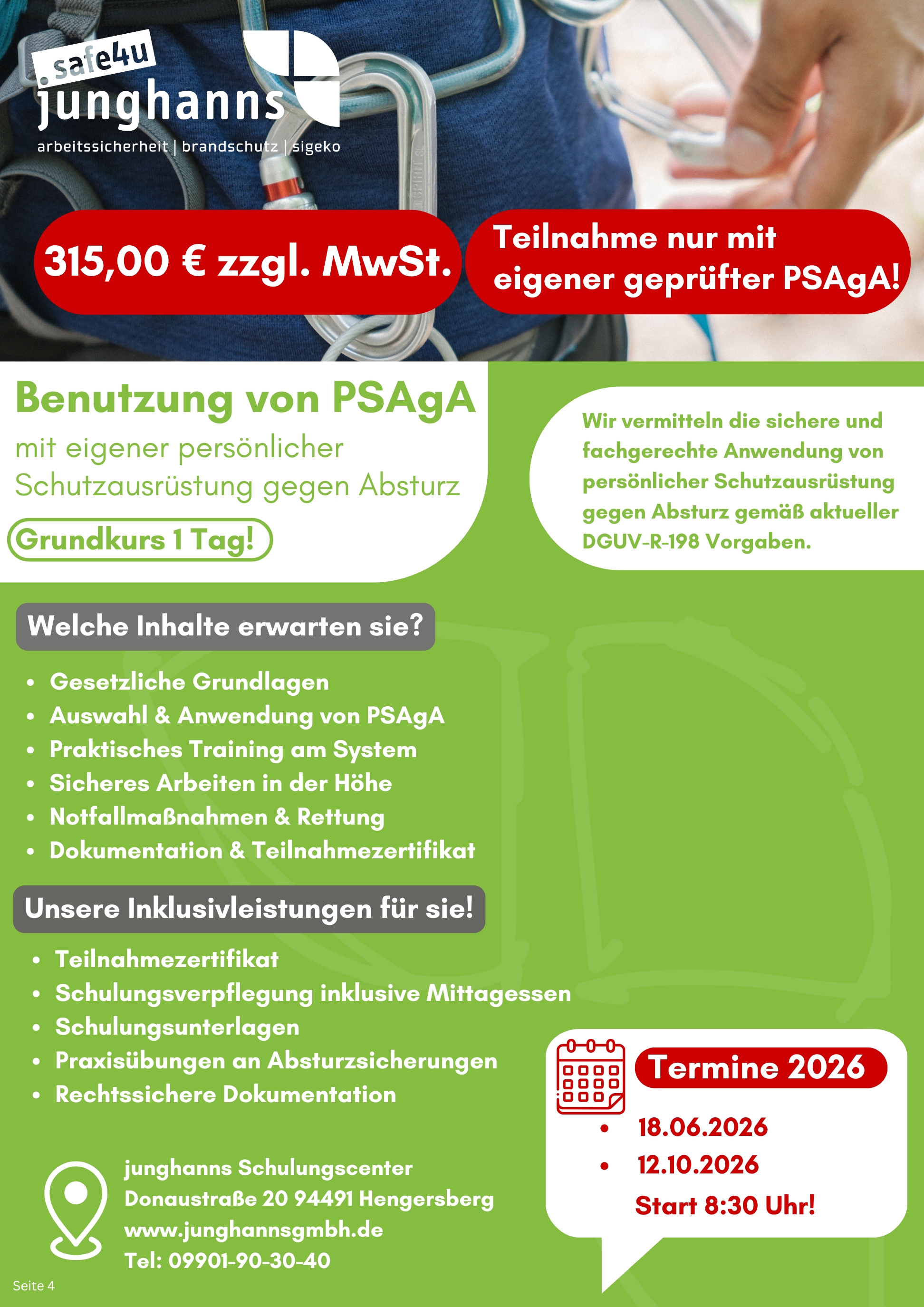Benutzung von Persönlicher Schutzausrüstung (PSAgA) gegen Absturz nach DGUV R 112-198 (1 Tag Neuausbildung)