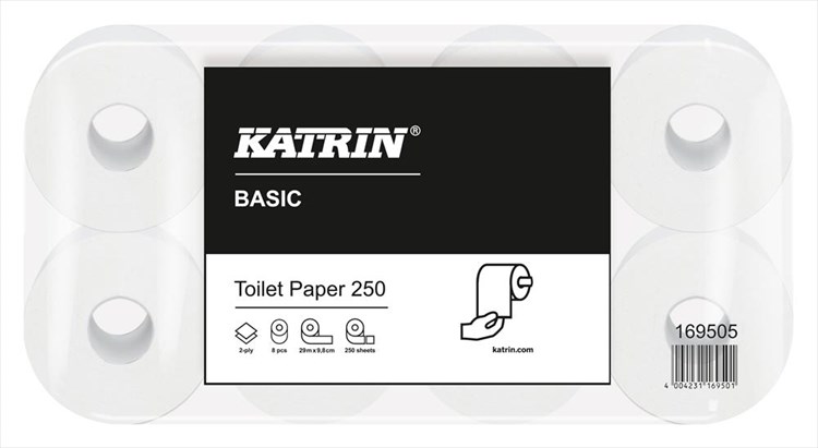 Toilettenpapier KATRIN, 2-lagig, weiß, 250 Blatt, 8 Rollen